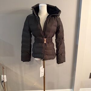 ZARA Women's Black Belted Hooded Puffer Jacket